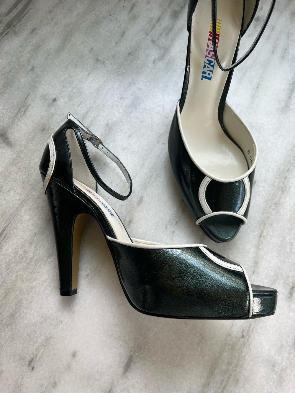 Nascar Dark Green Peep-Toe Ankle Strap Heels with White Trim - Picture 5 of 15